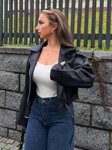 Jeta Ari 女式宽松休闲PU皮革拉链夹克，秋季服装 - 黑色 - 查看 5