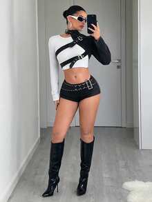 Jeanoix 女士时尚街头风纽扣细节超短牛仔外套，秋季款 - 黑色 - 查看 4