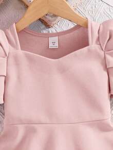 SHEIN Đầm thường ngày tay phồng màu trơn cho bé gái - Bụi hồng - Xem 5