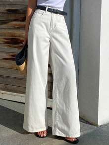 DAZY Quần jean nữ ống rộng, đơn giản, đa năng, màu trơn, thích hợp mặc hàng ngày đi làm, không kèm thắt lưng. - trắng - Xem 5