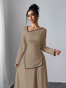 Modelyn Modest Casual Contrast Trim Asymmetric Neck Top And Mini Skirt Set For Women 2 Pieces Set Modest Two Piece Set Spring Clothes - Khaki - View 4
