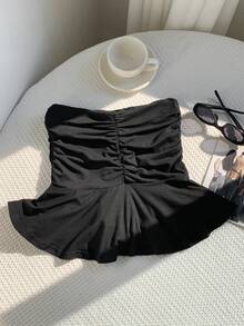 SHEIN EZwear 純色打褶荷葉邊迷你裙 - 黑色 - 查看 2