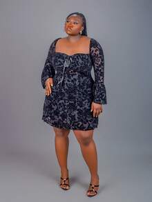 CurvyTilda Plus Size Women Sexy Sweetheart Neck Flare Sleeve Waist Cinched Floral Print Sheer Mesh Overlay Dress, Spring/Summer/Autumn,Valentine's Day, For Hourglass Body Shape - Black - View 3