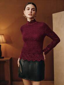 Anewsta Elegante top de mujer de ajuste ceñido, sexy y de estilo de fiesta, con parches de encaje, para otoño/invierno - Rojo violeta - Ver 3
