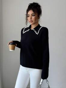 SHEIN PETITE Women's Black Autumn Elegant Office Long Sleeve Knit Sweater Top,Vintage Korean Style Collared Studded Beaded Design Versatile For Dates,Work,Parties - Black - View 3