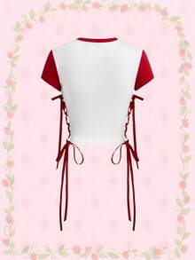 Strawberry Shortcake | ROMWE Women's Ribbon Tie-Up Contrast Cartoon Pattern T-Shirt - White - View 2