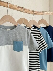 SHEIN 4件套男女童撞色条纹短袖针织T恤套装，舒适休闲日常穿着，春夏款 - 彩色 - 查看 6