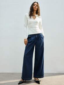 Maija 女士纯色褶裥口袋休闲牛仔裤 - 深色水洗藍 - 查看 4