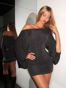 EgrlEra 女士时尚纯色露肩喇叭袖修身迷你连衣裙 - 黑色 - 查看 1