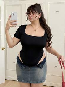 CovetEZ 大尺碼女士短袖連身緊身衣 - 黑色 - 查看 4