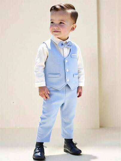 Souflis Souflis 男婴绅士时尚三件套西装：白色长袖领衬衫配领结 + 假口袋马甲 + 松紧腰休闲裤，适合婚礼、演出、生日派对、节日、宴会、正式场合、春秋季穿着。