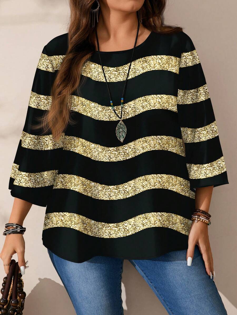 EMERY ROSE Plus Size Women Casual All-Over Print Round Neck Loose 3/4 Sleeve Shirt, Autumn/Winter Spring - Multicolor - View 1