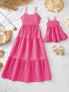 Travachic KIDS Đầm hai dây dáng rộng, chất liệu vải dệt họa tiết, dễ thương cho bé gái, thích hợp cho kỳ nghỉ hè. - Màu Hồng Tươi - Xem 2