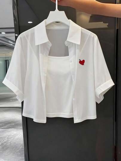 Franclia 大码梭织衬衫领休闲短袖刺绣露脐衬衫