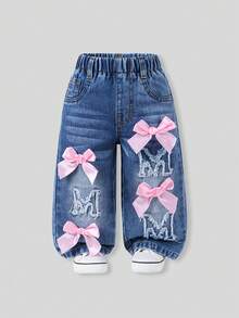 SHEIN 1pc Baby Girls' Denim Wide Leg Pants Sweet & Cute Casual Vacation Style Recommended Pink Bow 3D Felt Embroidery Lively & Playful Light Blue Washed Denim Elastic Waistband For Comfort And Easy Wear Loose Fit Suitable For Home Outings Dates Weekends Versatile Denim Wide Leg Trousers For All Year Round - Dark Wash - View 3