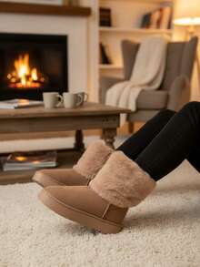 Botas de nieve retro de felpa para mujer 2025 otoño nuevos zapatos de algodón de moda de suela gruesa botas casuales versátiles - Caqui - Ver 2