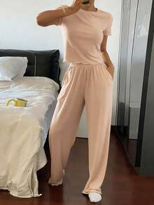 Livesso 2pcs Set Minimalist Solid Color Wavy Trim Decor Fitted Top And Pants Loungewear Set - Apricot - View 5