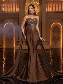 Glamrae Petite Women's Elegant Rhinestone Detail Ruched Slit Fitted Evening Gown (Embellished Version) - Coffee Brown - View 1