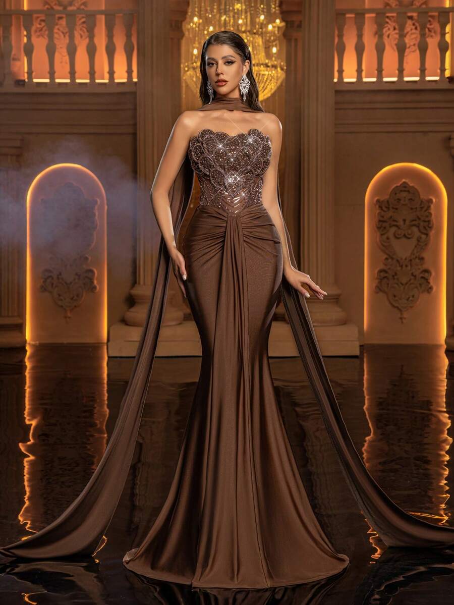 Glamrae Petite Women's Elegant Rhinestone Detail Ruched Slit Fitted Evening Gown (Embellished Version) - Coffee Brown - View 1