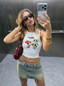 THE POWERPUFF GIRLS X SHEIN Women's Casual Summer Blossom, Bubbles, Buttercup Pattern White Cropped Tank Top,Outwork/Vacation - White - View 5