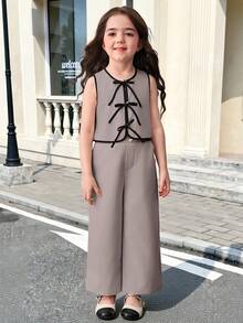 SHEIN 2件組少女純色針織無袖上衣與內搭褲休閒套裝，適合少女 - 卡其色 - 查看 6