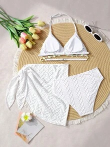 SHEIN Tween Girl 3 PiecesSwimsuit Set: White Textured Knit Camisole, Swim Shorts, And Wrap Skirt - White - View 2