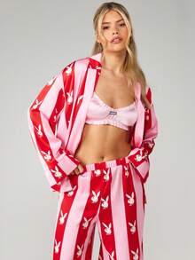 Missguided x Playboy Bộ đồ ngủ gồm áo dài tay và quần ống rộng in logo thỏ sọc, thích hợp mặc ở nhà và ngủ thoải mái. - Nhiều màu - Xem 3