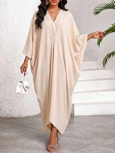 SHEIN Lady Women's Solid Color V-Neck Pleated Elegant Dress