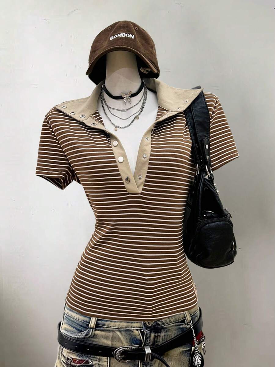 Glimmora Áo thun kẻ sọc cổ điển, áo ôm dáng đa năng mùa hè của Niche. - Nhiều màu - Xem 1
