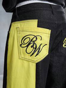 ROMWE MEN Street Life Spring Casual Graphic Men'S Loose Straight Leg Color Block Jeans - Black - View 2