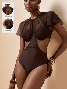 Zivah 2026款度假休闲沙滩优雅拼接棕色连体泳衣 - 棕色 - 查看 8