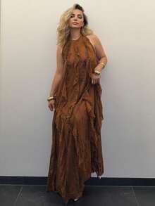 Jeta Ari Women Clothes, Women's Elegant Brown Leoprard Print Maxi Dress, Halter Neck Sleeveless With Ruffles Simple Fashion Daily Casual, Women Dresses, Party Women Dresses, Beach Women Outfits, Summer Women Outfit, Elegant Women Dresses, Valentin Day Dress, Long Dress. For Date Night, Concerts, Performances, Parties, Clubs, Evening - Mocha Brown - View 1