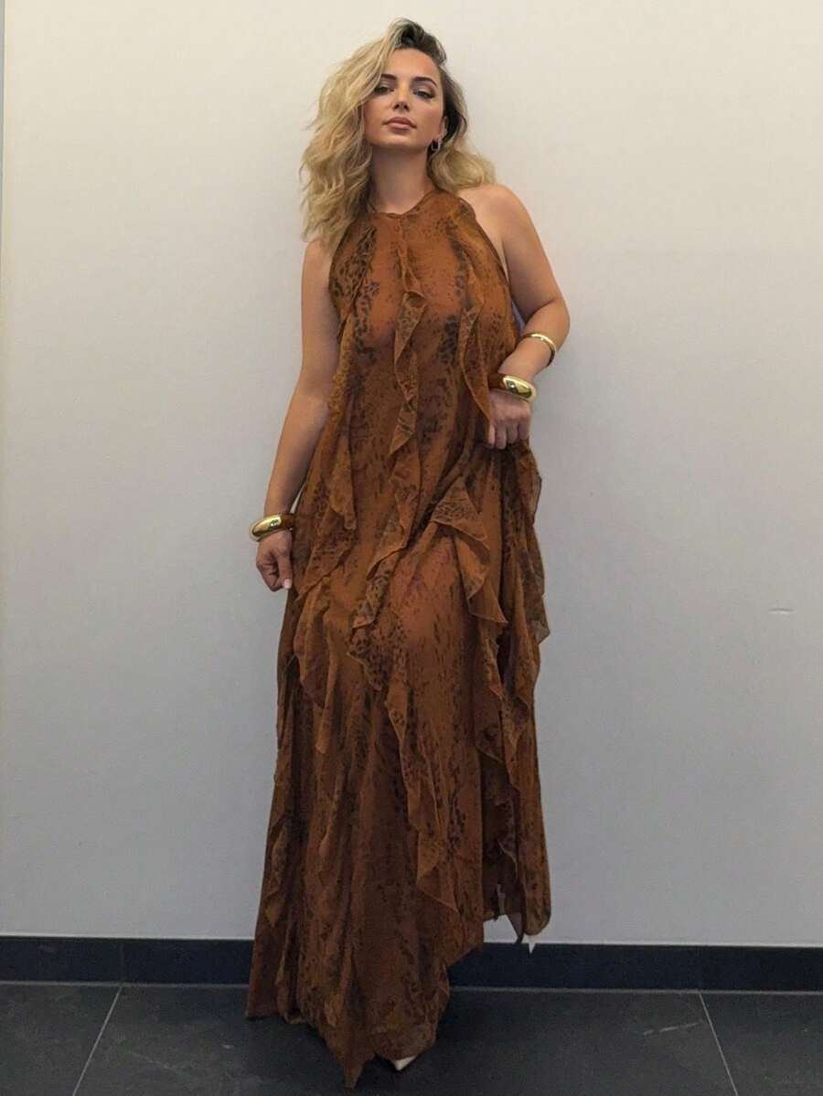 Jeta Ari Women Clothes, Women's Elegant Brown Leoprard Print Maxi Dress, Halter Neck Sleeveless With Ruffles Simple Fashion Daily Casual, Women Dresses, Party Women Dresses, Beach Women Outfits, Summer Women Outfit, Elegant Women Dresses, Valentin Day Dress, Long Dress. For Date Night, Concerts, Performances, Parties, Clubs, Evening - Mocha Brown - View 1