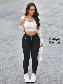 Flexra 女士金属纽扣口袋设计修身休闲百搭牛仔裤 - 黑色 - 查看 6