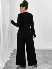 EMERY ROSE Plus Size Soft Knit Ribbed Fabric Criss-Cross Long Sleeve T-Shirt + Soft Ribbed Wide Leg Pants Casual Homewear 2 Pieces Set - Black - View 2