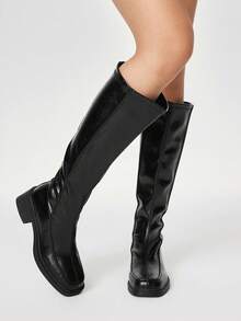 ROMWE Goth Botas altas hasta la rodilla con tacón grueso, punta cuadrada, de uso casual y versátil para mujeres - Negro - Ver 1