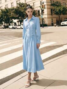 Aveloria Modichic Đầm sơ mi dáng ôm cao cấp thiết kế thắt eo phía trước dành cho nữ, màu xanh lam - Màu xanh lam - Xem 8