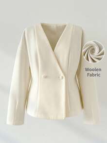 Auralis Plus Size White Elegant Office V-Neck Wrap Waist A-Line Coat,French Casual Long-Sleeved Sophisticated Commuter Western Wear Korean Fashion Fall/Winter - Apricot - View 5