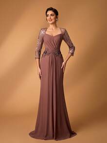 Serin 女士优雅灰粉色珍珠串珠刺绣网纱雪纺褶皱透明长袖褶皱亮片贴花美人鱼裙摆连衣裙，适合新娘母亲、正式活动、婚礼、派对、正式场合穿着。 - 鏽棕色 - 查看 2