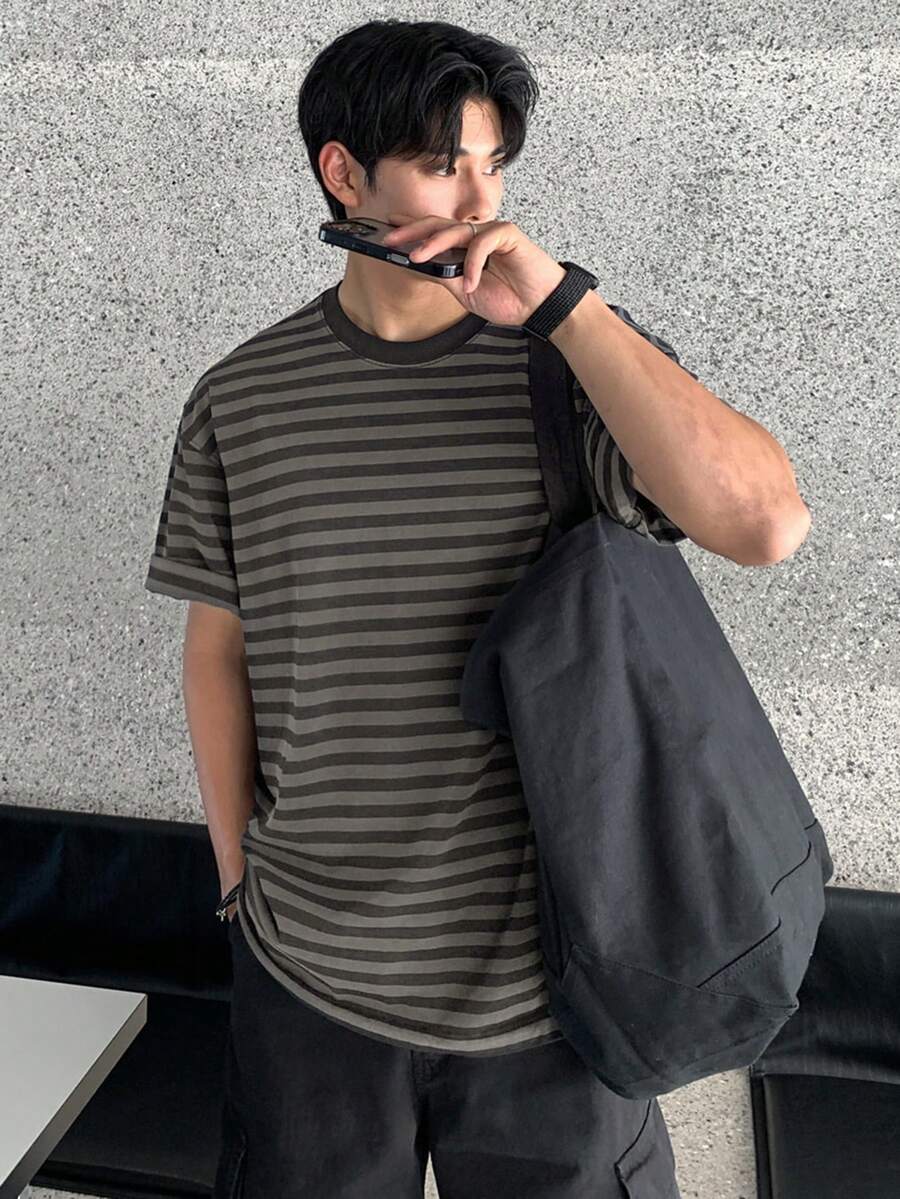 DAZY Men's Black & Gray Striped Crew Neck T-Shirt, Summer - Multicolor - View 1