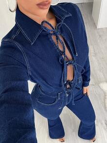 Jeanoix Bộ jumpsuit denim dài tay buộc dây tối giản màu trơn dành cho nữ, thích hợp mặc hàng ngày. - Rửa tối - Xem 6