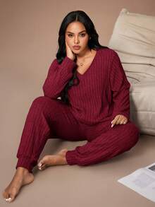 Lazeform Plus Size Knit Ribbed Fleece V-Neck Casual Minimalist Long Sleeve Pajama Set, Suitable For Loungewear - Red - View 9