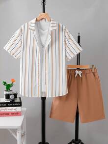 Vacaura 2 pièces/Set Chemise à manches courtes rayée décontractée pour garçons adolescents, mode et confortable pour le quotidien, les déplacements, les vacances et les loisirs - Tabac - Voir 3