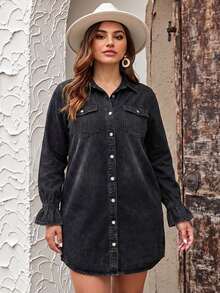 SHEIN LUNE Plus Size Front Button Washed Casual Versatile Long Sleeve Dress Long Sleeve Dress Winter Dresses For Women Thanksgiving Outfit Women New Years Women Outfit Winter Dresses Winter Clothes Women Rave Outfits - Dark Grey - View 1