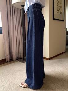 DAZY High Waist Washed Blue Pleated Wide Leg Jeans, Loose & Versatile Denim Pants For Autumn/Winter - Navy Blue - View 4