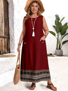 EMERY ROSE 休闲复古浪漫印花加大码女式圆领无袖长款连衣裙，红色长款连衣裙，吊带长款连衣裙，新年连衣裙，夏季连衣裙 - 彩色 - 查看 4