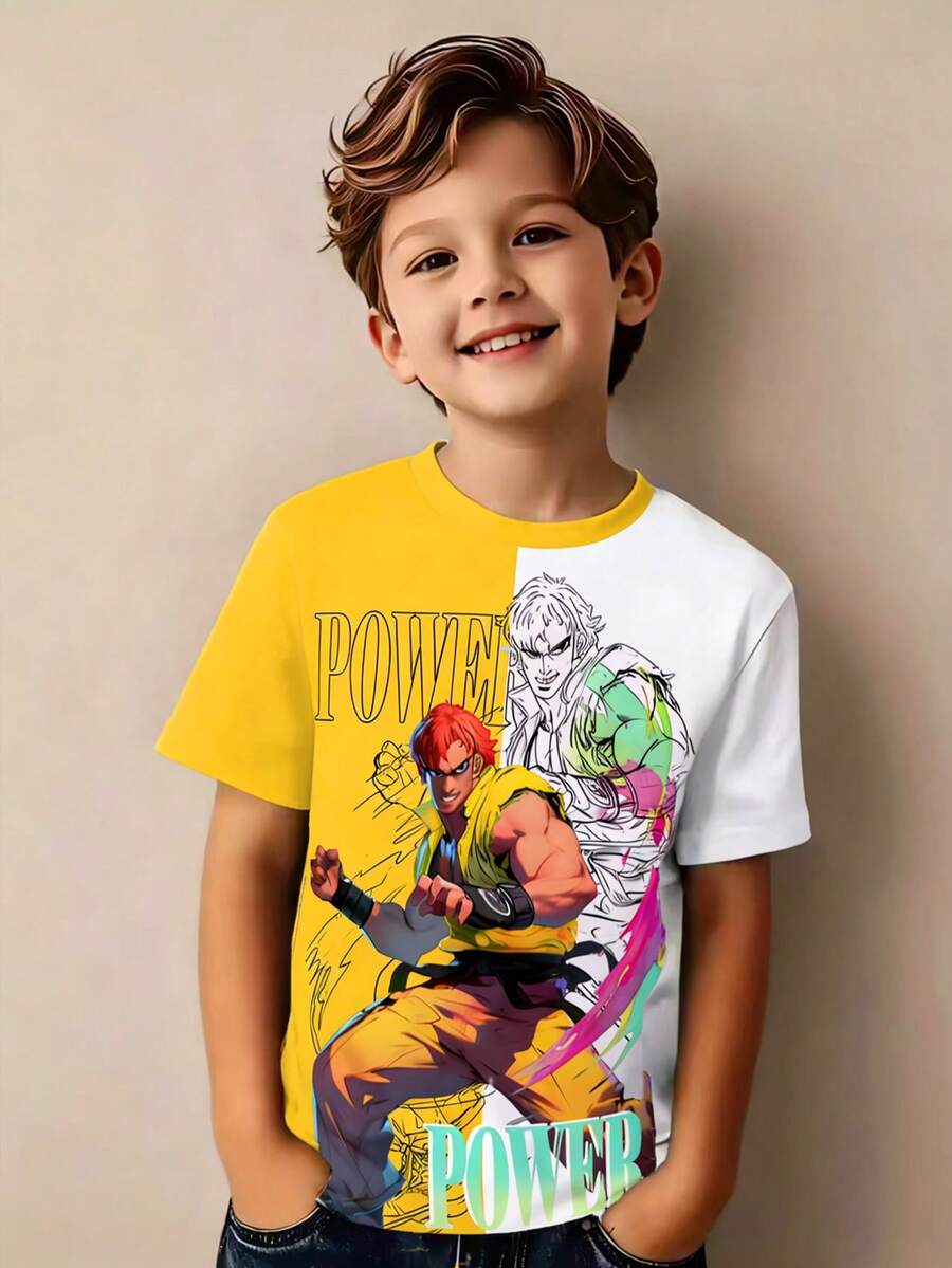 1pc Boys Casual Cute Anime Character Printed Short Sleeve T-Shirt,Suitable For Summer,Ages 4-7,Featuring Muscular Brave Character,Soft Skin-Friendly - Multicolor - View 1