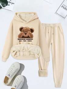 Mujer Estilo Cute Conjunto de Sudadera y Pantalones con Estampado de Oso Teddy Forro Peludo Corte Amplio Capucha Mangas Largas Temporada Invierno Salidas Informales,Esponjoso , forro polar - Beis - Ver 1