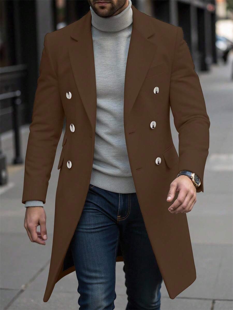 Manfinity Homme 男士纯色口袋纽扣长袖外套,秋季外出外套,送给朋友、丈夫、男友的礼物 - 棕色 - 查看 1