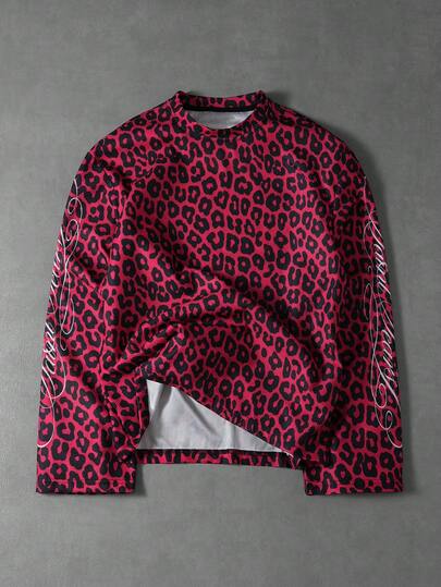 PAVTROS Men's Streetwear, Retro, Ins Style Digital Leopard Print Fabric, Streetwear Vibe, Casual Sporty Long Sleeve T-Shirt, Layered, Unisex, Couple, Rapper, Gift For Boyfriend, Suitable For Spring, Autumn, Winter